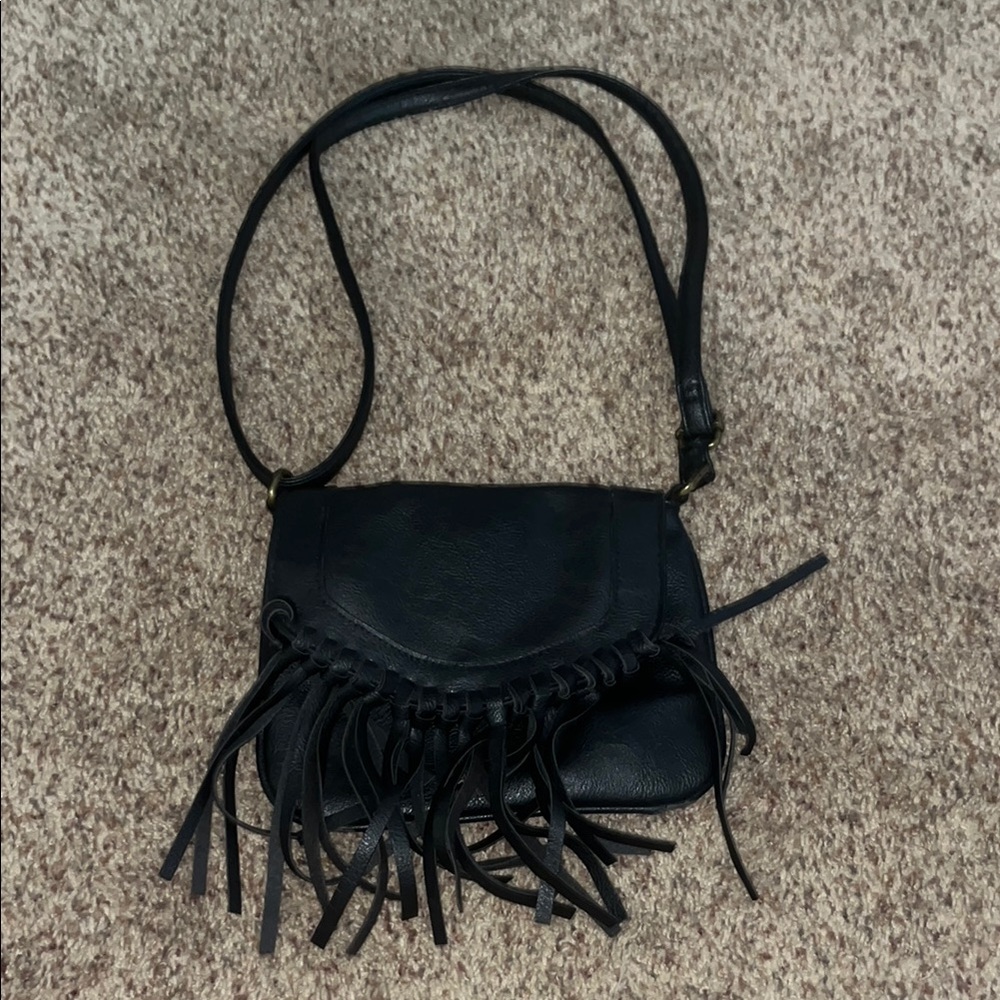 Fringe Black Leather Crossbody Bag